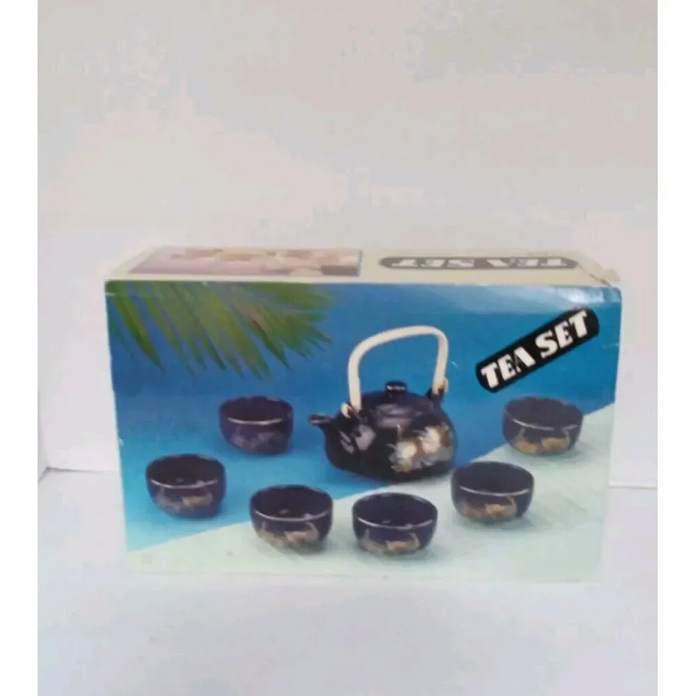Traditional Japanese Tea Set with Dragon Design - 8 Piece Navy Blue Teapot & Cup